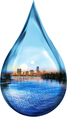 water drop with a vew of river and city skyline within it